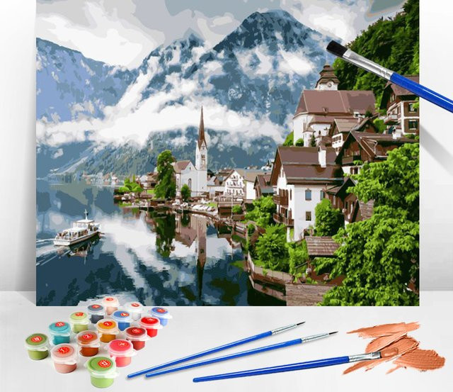 AZQSD Malset nach Zahlen: Modernes Ölgemälde mit Haus, Bergsee und Fluss als DIY Wanddekoration in Mehrfarbig - Bild 1