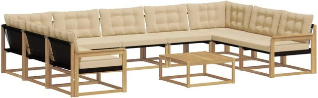 vidaXL Outdoor-Sofagarnitur aus massivem Akazienholz mit Textilene-Bezug und Kissen, 10-teilig, Weiß und Beige - Bild 1