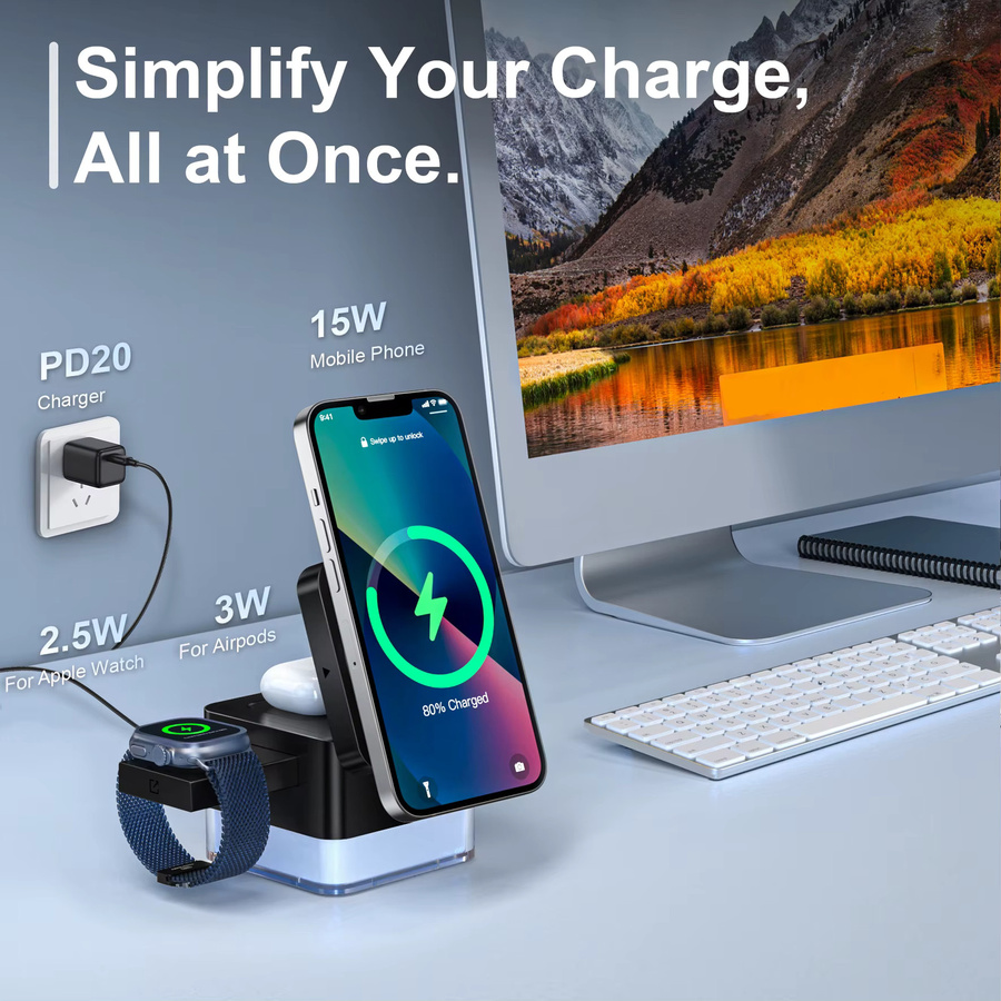 VEERNOO 3-in-1 Magnetisches Kabelloses Ladegerät Faltbar in Schwarz mit 15W Schnellladefunktion und Nachtlicht für iPhone, Apple Watch und AirPods - Bild 3