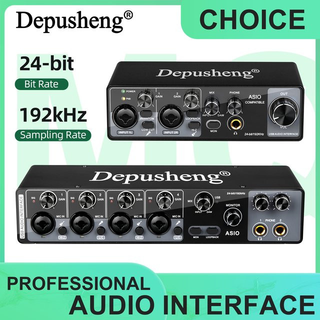 DEPUSHENG MQ44 ASIO Audio Professionelle Soundkarte USB Audio Interface mit 4 Kanälen, 4 Eingängen und 4 Ausgängen in Schwarz und Grau - Bild 1