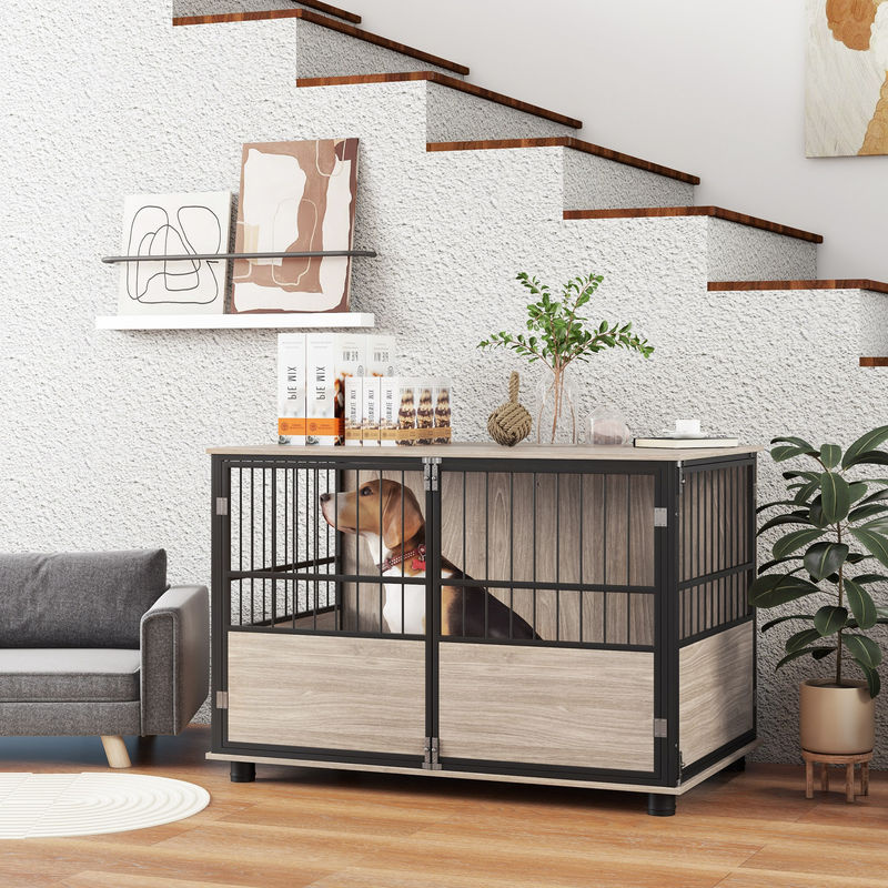 PawHut Hundekäfig mit Türen und rutschfester Boden, Hundehütte für große Hunde, Walnuss, B/T/H: 100 x 60 x 68 cm - Bild 2