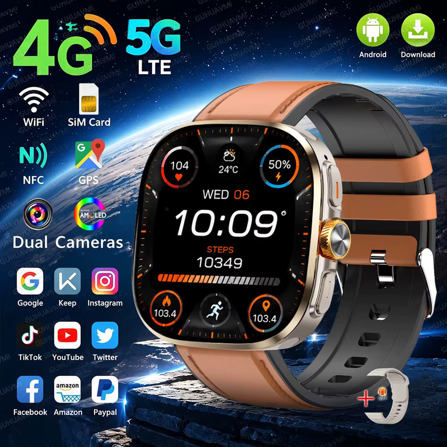 GUHUAVMI Smartwatch für Damen und Herren mit 4G 5G SIM-Funktion, WiFi, GPS und NFC, AMOLED HD Display, 3+32GB Speicher, Farbe: Braun - Bild 7