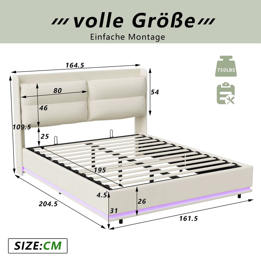 Fangange Polster-Doppelbett Beige mit hydraulischem Hubbett, Stauraum, RGB-LED-Beleuchtung und USB Typ-C, inklusive Lattenrost, B/T: 140 x 200 cm - Bild 3