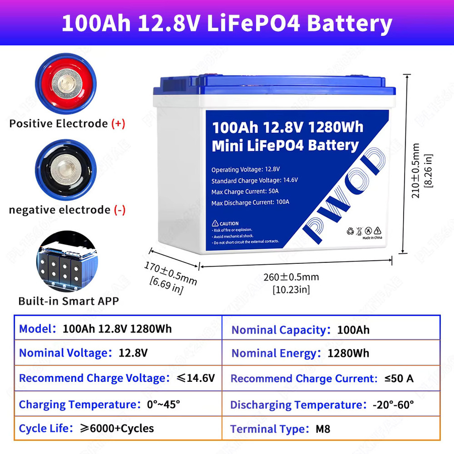 PWOD LiFePO4 Batteriepack Gruppe 24, 12V 100Ah 1280Wh, mit integriertem Smart-BMS, Grade-A-LFP-Zellen für Heimenergiespeicher und Solarstromerzeugungssysteme - Bild 7