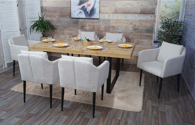 6er-Set Esszimmerstühle MCW in Beige aus Stoff mit Armlehnen - Bild 1