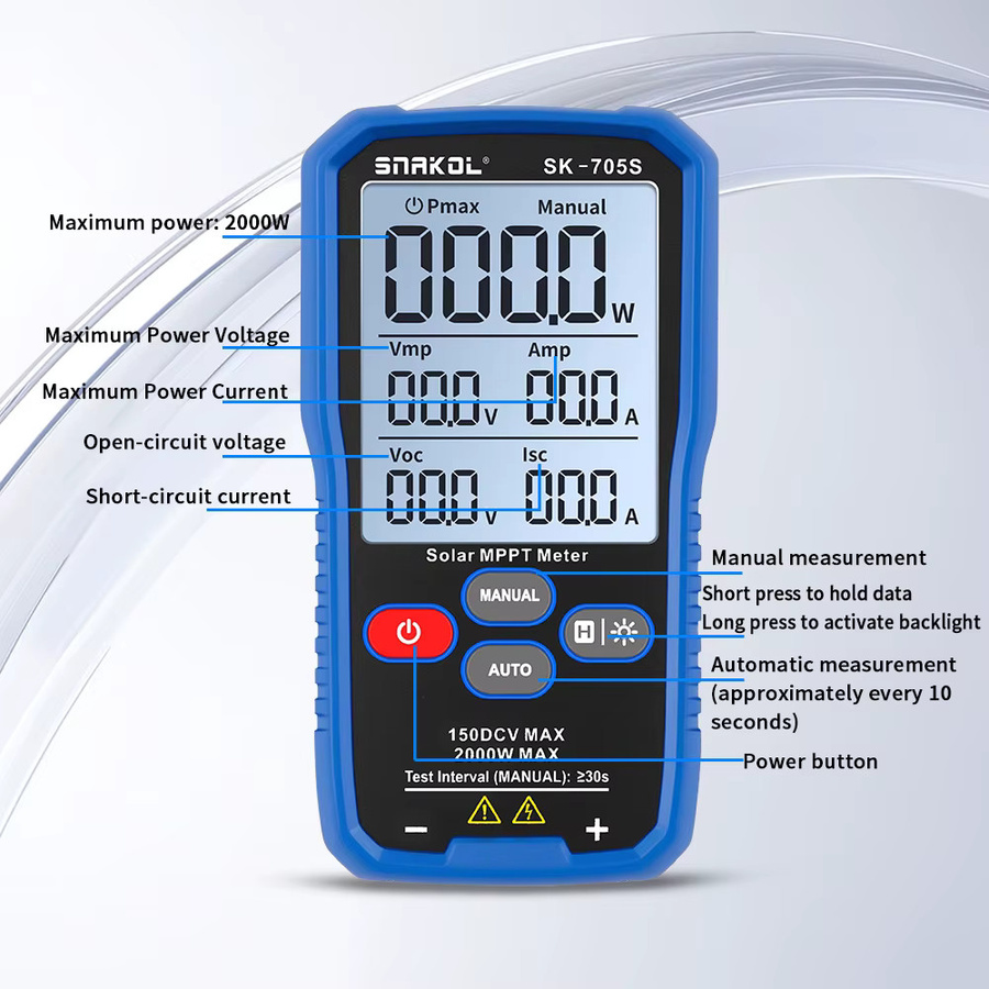 SNAKOL SK-705x Solarmodul-Tester MPPT-Messgerät mit 2200W für Leerlaufspannung und Kurzschlussstrom in Blau - Bild 3