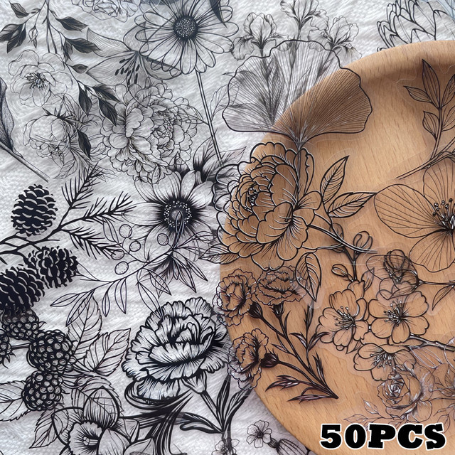 50 Stück Pflanzenaufkleber in Schwarz-Weiß mit Blumen-Motiven, wasserfeste DIY-Aufkleber für Laptop, Scrapbook und Tagebuch - Bild 1