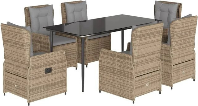 vidaXL 7-teilige Garten-Essgruppe aus Poly-Rattan mit Kissen in Beige und Hellgrau - Bild 1