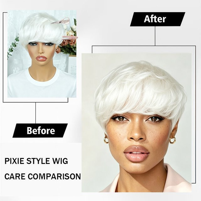 OYM HAIR Pixie-Perücke für Damen, 6 Zoll, weiß, glatt, Echthaar mit Pony - Bild 1