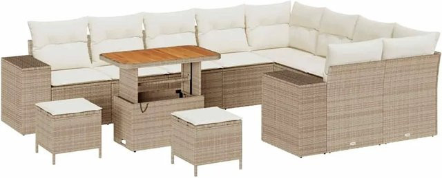 vidaXL Garten-Sofa-Set 12-tlg. in U-Form aus Poly-Rattan und Akazienholz, Beige - Bild 1