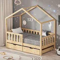 ML-Design Kinderhausbett aus Kiefernholz mit 2 Schubladen in Natur und Beige, B/T: 140 x 70 cm - Bild 1