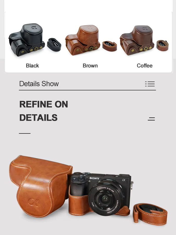 NiYi Retro-Ledertasche als Kameratasche für Sony A6000 A6100 A6300 A6400 in Braun mit Schulter- und Nackengurt - Bild 4