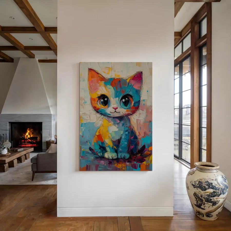 Vibrant Impasto Kitten Portrait Wandbild als abstrakter Kunstdruck in Mehrfarbig auf Leinwand - Bild 4