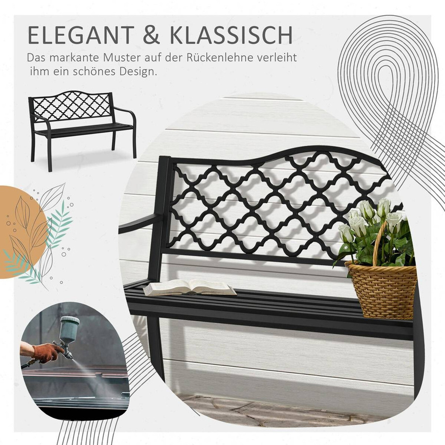 Outsunny Gartenbank im Vintage-Stil mit Karo Design aus Gusseisen und Stahl, Schwarz, B/T/H: 128 x 58,5 x 89 cm - Bild 5