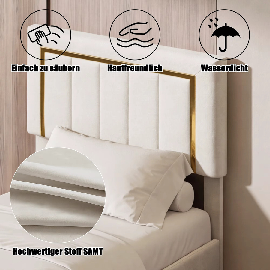 FEEOHOME Polsterbett mit Stauraum in Cremeweiß und Gold, Einzelbett aus Samt mit höhenverstellbarem Kopfteil und Gasdruckfeder, B/T: 90 x 200 cm - Bild 3