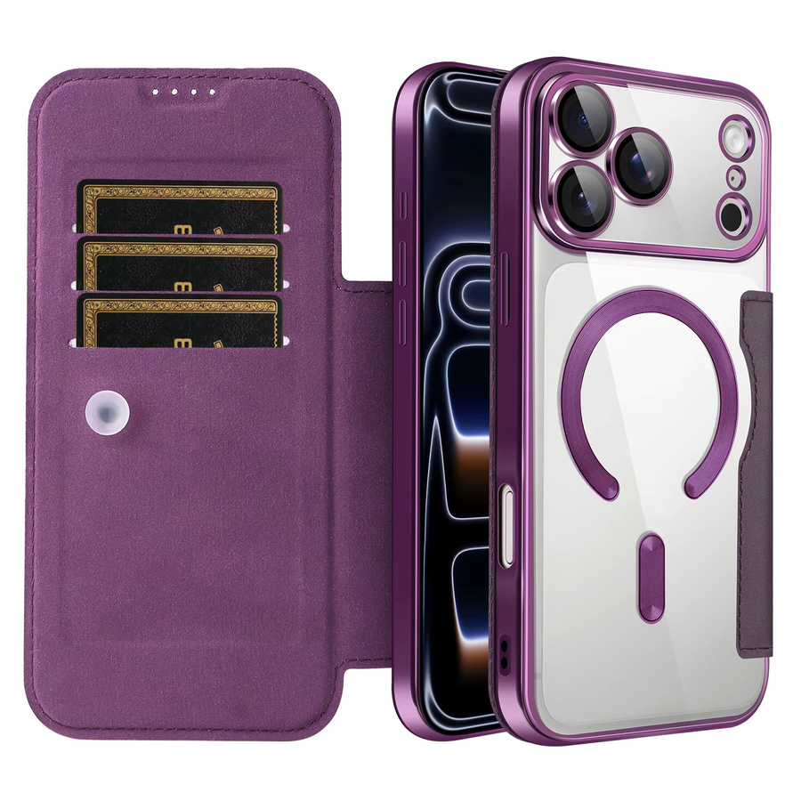 Magnetische Kunstleder Handyhülle für iPhone 17 Pro Max mit Kartenfach und Linsenschutz in Grün und Lila - Bild 3
