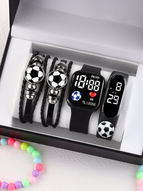 Freizeit-Sportuhr mit ovalem Silikon-Display und Fußball-Lederarmband in Schwarz inklusive Euro-Fußball-Set als Geschenk - Bild 1