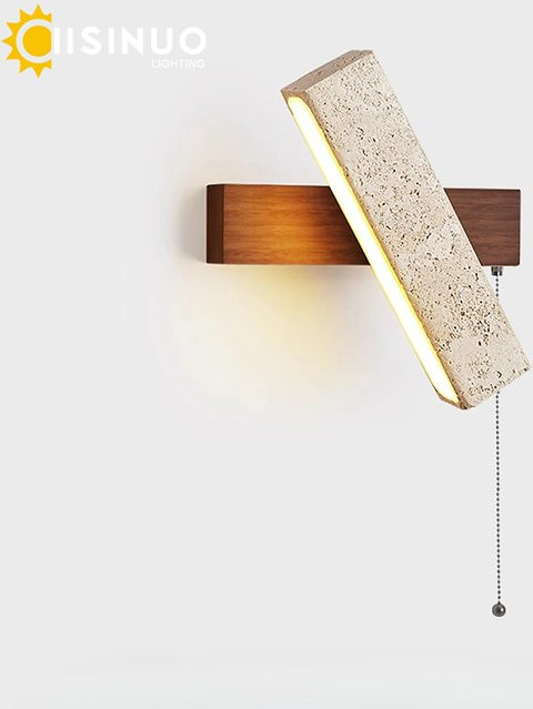 IISINUO Wabi-Sabi Wandleuchte aus gelbem Travertinstein mit LED und Zugkettenschalter, verstellbare Steinlampe in Beige und Gelb für Schlafzimmer und Flur - Bild 1