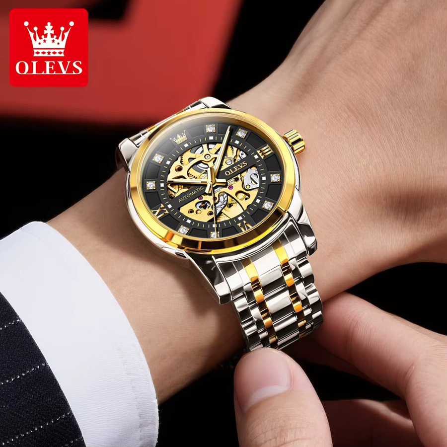OLEVS Herrenuhr, Automatik, Edelstahl, Diamantbesetzt, Schwarz - Bild 4