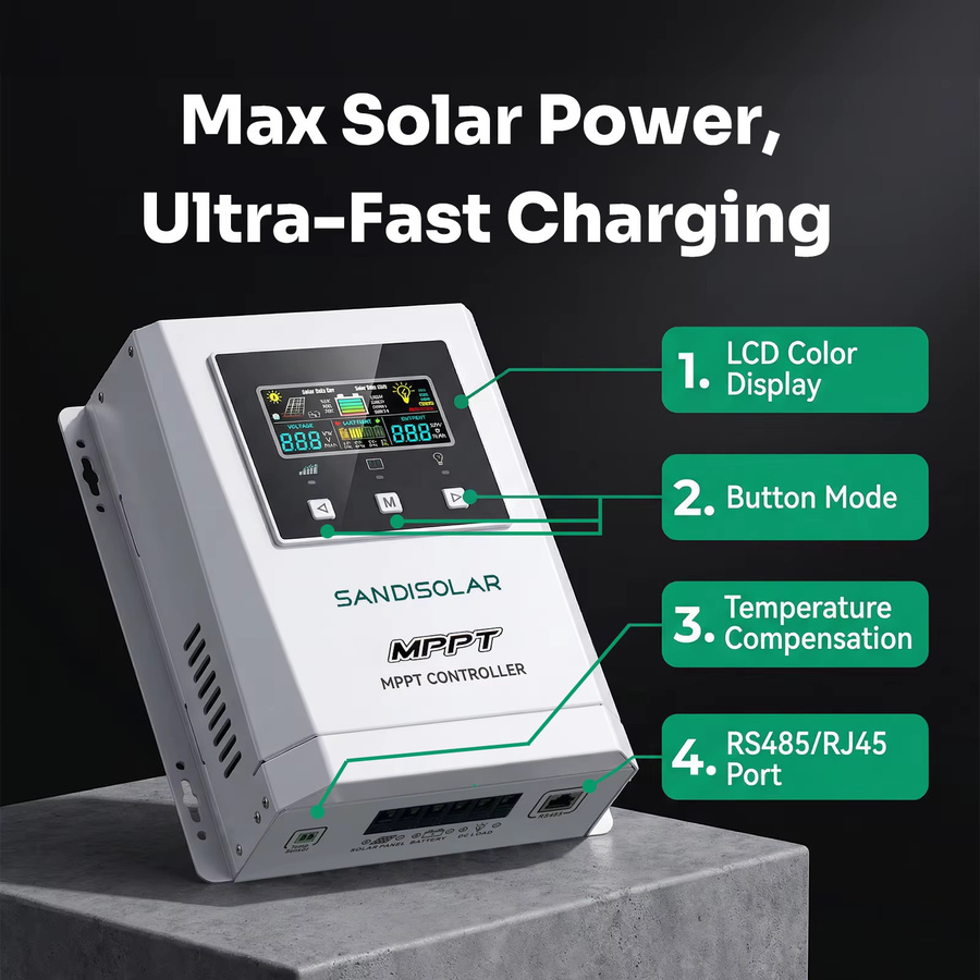 SANDISOLAR Smart MPPT Solar-Controller mit Farb-LCD-Bildschirm, 60A oder 100A, 12V/24V/36V/48V Systemspannungseinstellung, Solarpanel-Batterieladegerät in Weiß - Bild 4