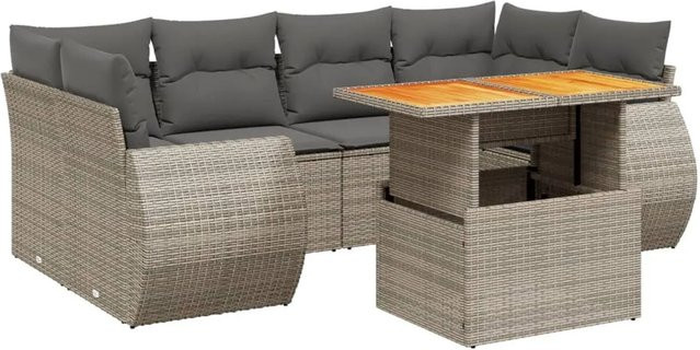 vidaXL 7-teilige Garten-Sofagarnitur in L-Form aus Poly-Rattan und Akazienholz mit Kissen in Grau - Bild 1