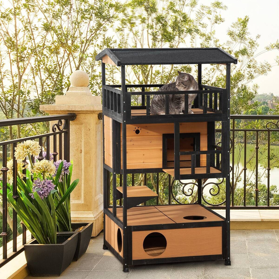 PawHut Katzenhaus aus Tannenholz in Schwarz, wetterfest mit erhöhtem Boden, B/H/T: 75 x 137 x 75,5 cm - Bild 4