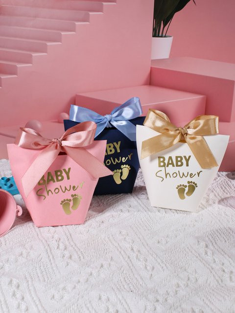 5 Stück exklusive Geschenkboxen mit Babyparty-Motiv und Fußabdruck in Weiß aus Papier für Babyparty oder Taufe - Bild 1