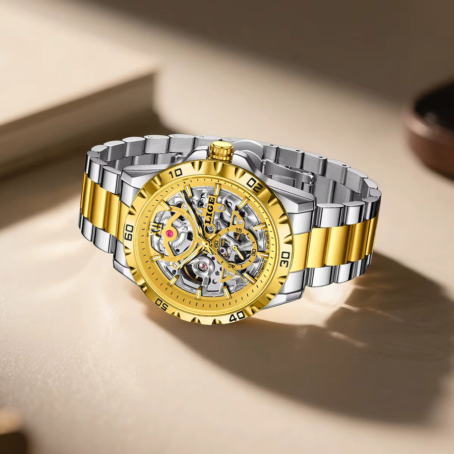 LIGE Armbanduhr Automatik, Edelstahl, Gold, Silber, Herren - Bild 2
