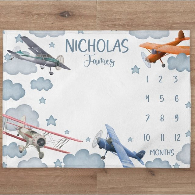 VIKAMA Baby-Fotografie-Decke mit Flugzeug- und Himmel-Motiv in Multicolour für Neugeborene und Meilenstein-Erinnerungen - Bild 1
