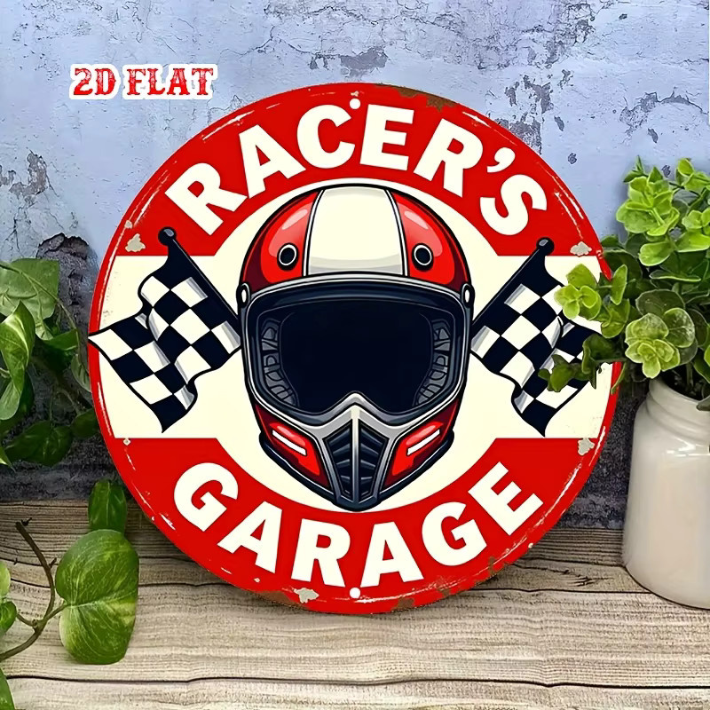 Potdemiel Vintage Metallschild Racer's Garage mit Rennflagge und Helm, Rund, Durchmesser: 20 cm, Rot - Bild 4