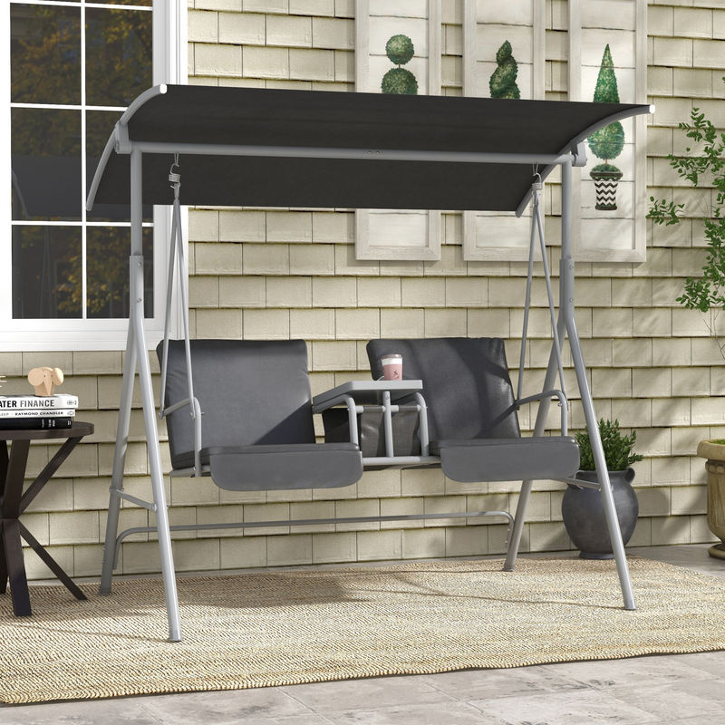 Outsunny Hollywoodschaukel aus Metall in Schwarz mit Sonnendach und Kissen, B/H/L: 110 x 165 x 175 cm - Bild 2
