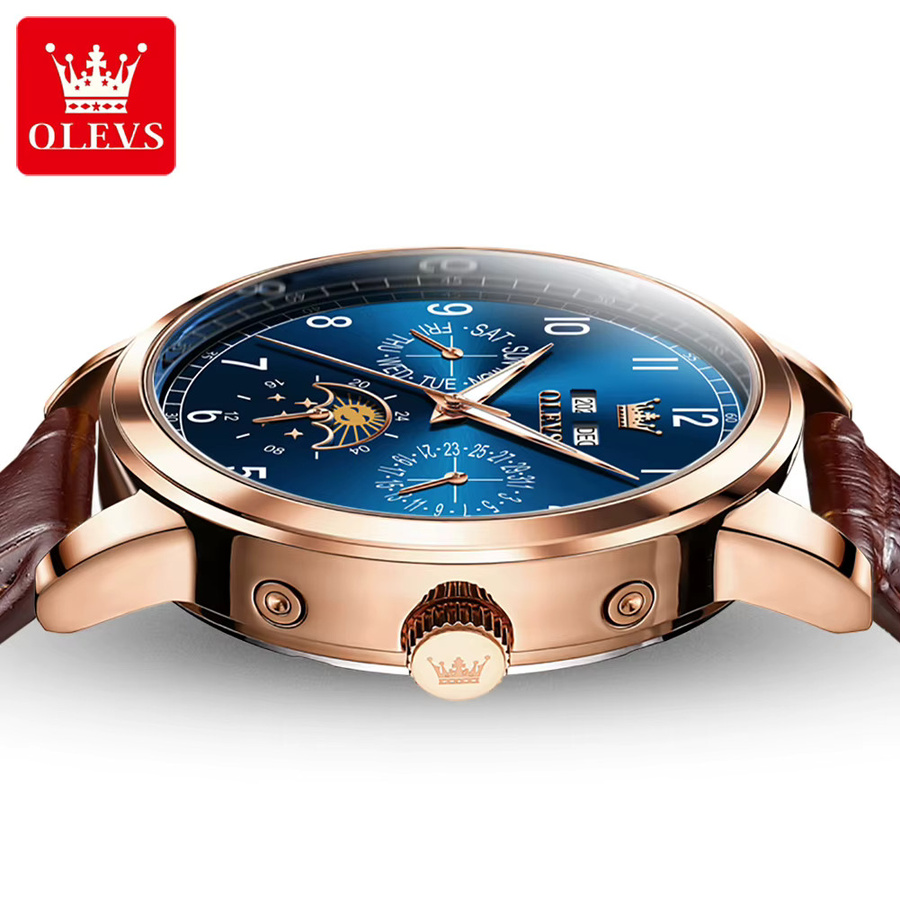 OLEVS Armbanduhr, Automatik, Mondphase, Leder, Blau, Herren - Bild 2