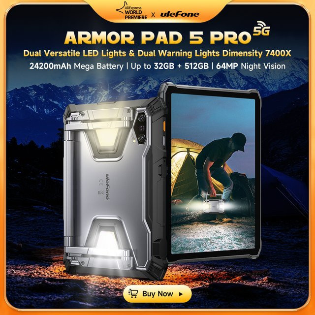 Ulefone Armor Pad 5 Pro 5G Robustes Android 15 Tablet mit 512GB ROM, 12GB RAM, 24200mAh Akku, 64MP Kamera, GPS und NFC - Bild 1