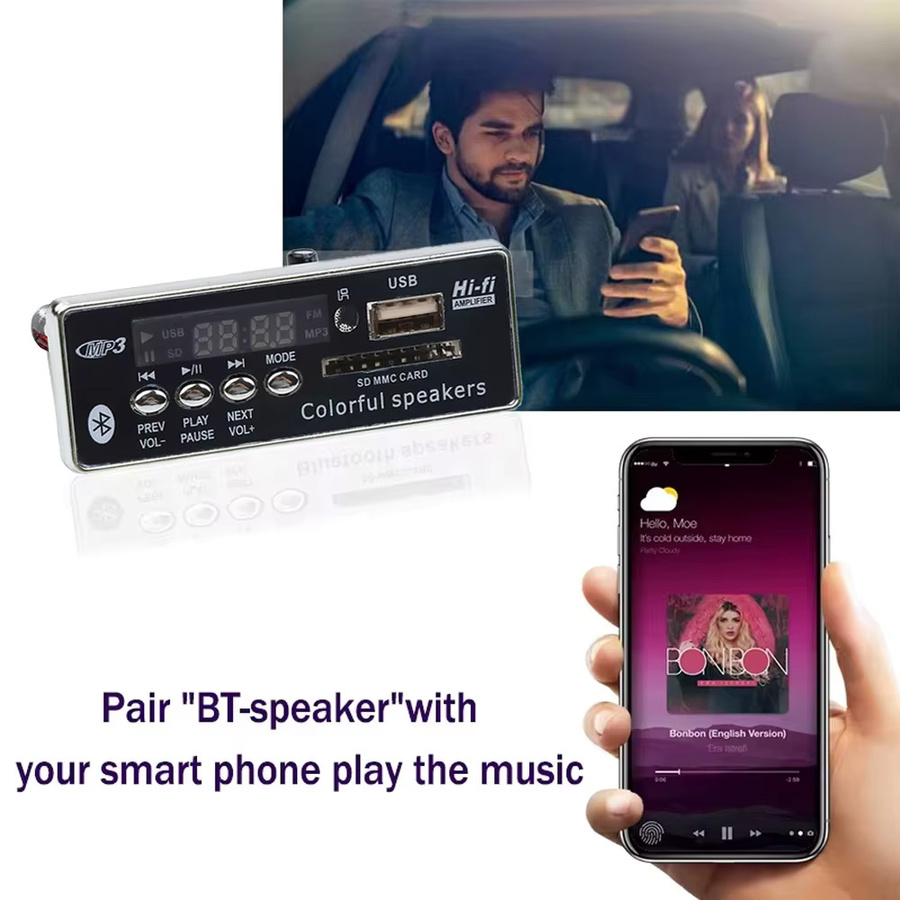 KEBIDU Bluetooth 5.0 MP3-Player mit USB und TF-Slot, WMA WAV Decoder Board mit FM-Radio und Freisprecheinrichtung für Auto-Audio-Adapter, DC 12V - Bild 4