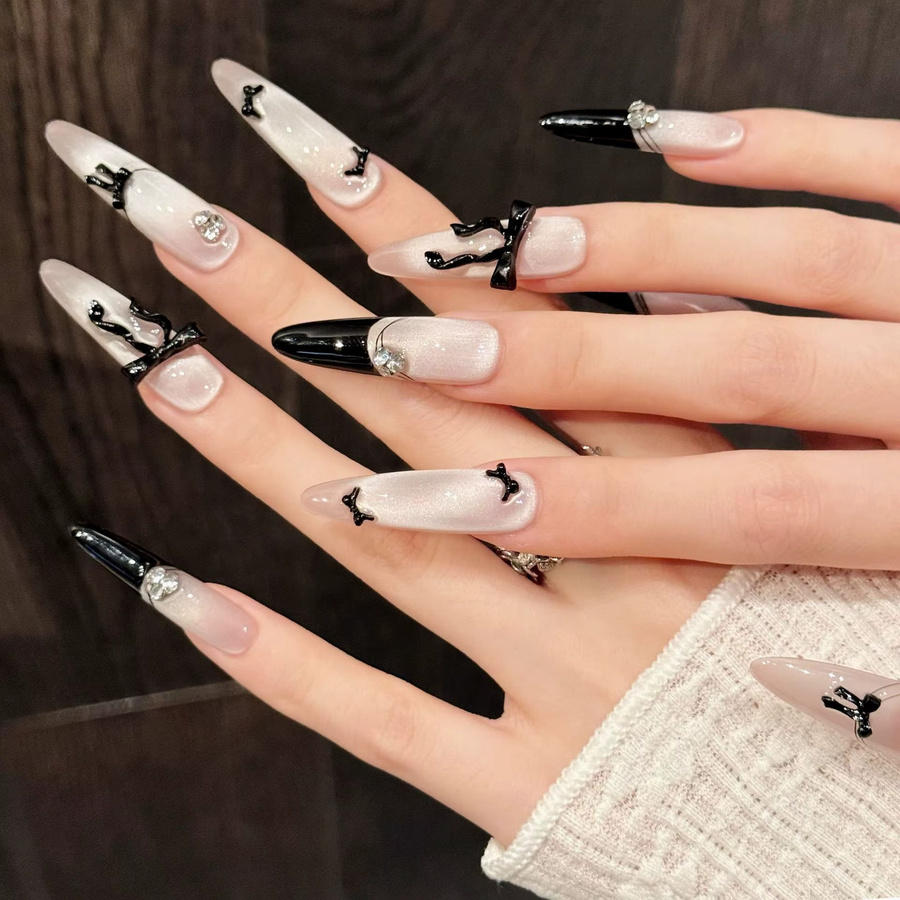 YADORNOS Fake Nails, Mandel French Press on Nails, 3D Bow Decor, Cat's Eye, Glänzend - Bild 4
