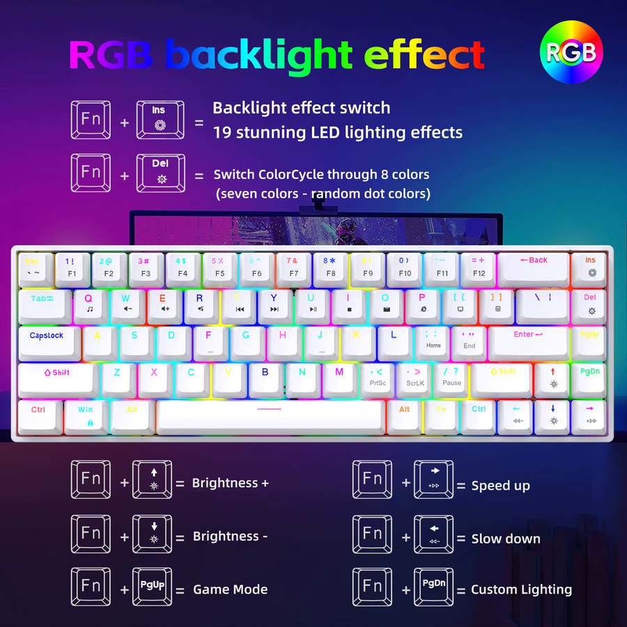 HXSJ Mechanische Gaming-Tastatur mit RGB-Hintergrundbeleuchtung, ultrakompaktes Mini-68-Tasten Design, rote Schalter, Weiß - Bild 4