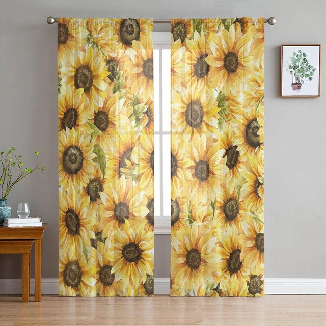 A Family Of Home Textiles Sonnenblumen-Aquarell-Tüllvorhang aus Chiffon, transparent Gelb, B: 135 cm, H: 183 cm - Bild 1