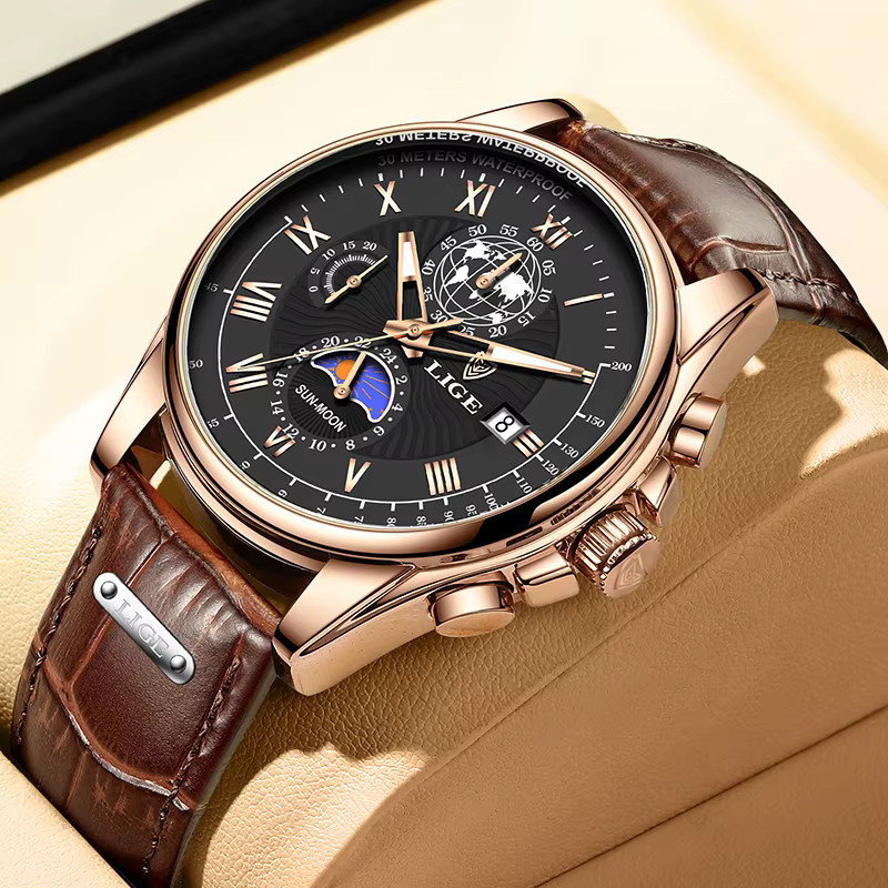 LIGE Chronograph Herrenuhr, Quarz, Leder, Wasserdicht - Bild 6