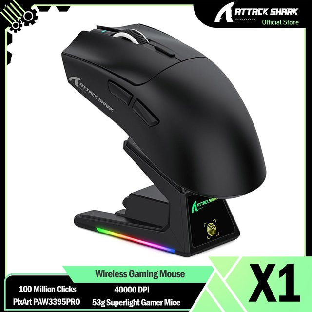 ATTACK SHARK X1 Gaming-Maus in Schwarz mit RGB-Ladestation, PixArt PAW3395PRO Sensor, 40000 DPI und Tri-Mode Verbindung, 53 g superleicht - Bild 1