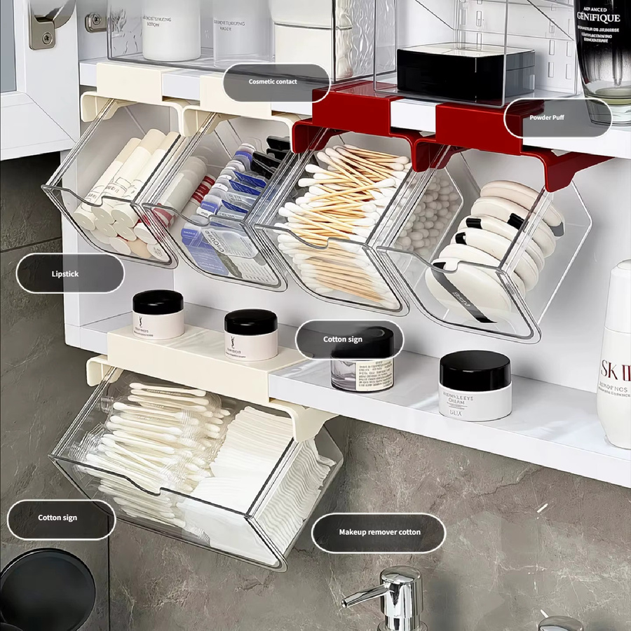 Enyawell Unterschrank-Schubladenorganizer in Beige und Transparent als Hängeorganizer für Badezimmer zur Aufbewahrung von Wattestäbchen, Make-up-Pads und Kosmetik - Bild 3
