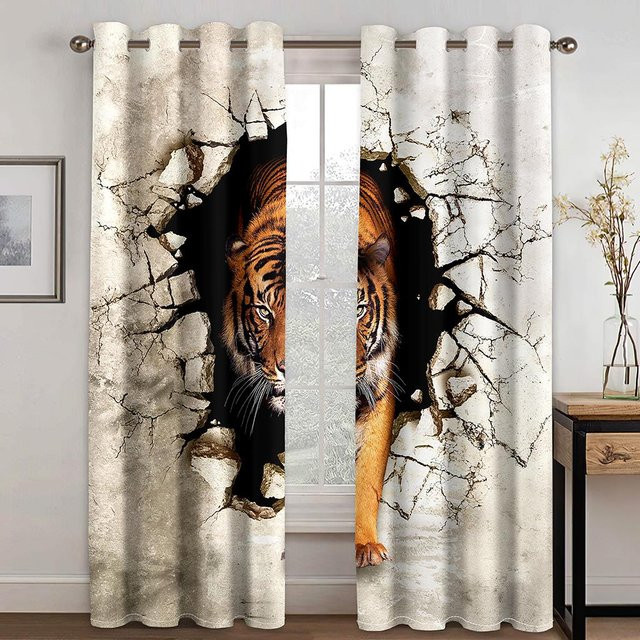 Zweiteiliger Vorhangstoff mit Tiger-3D-Digitaldruck für Wohnzimmer und Schlafzimmer, Hellgelb, B: 50 cm, H: 130 cm - Bild 1