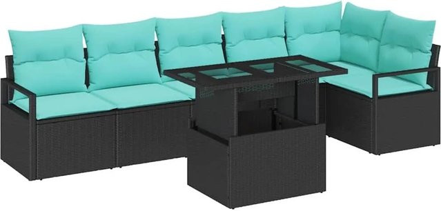 7-tlg. vidaXL Gartensofa-Set aus Poly-Rattan mit integriertem Speicher und Polstern in Schwarz und Blau - Bild 1