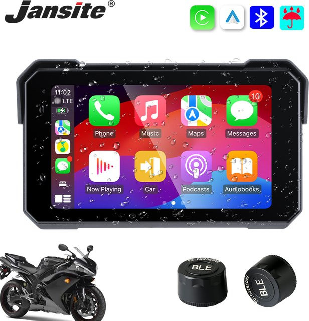 Jansite 5 Zoll Motorrad-Navigationssystem mit TPMS, IPX7 wasserdichter drahtloser CarPlay und Android Auto Display-Monitor in Schwarz - Bild 1