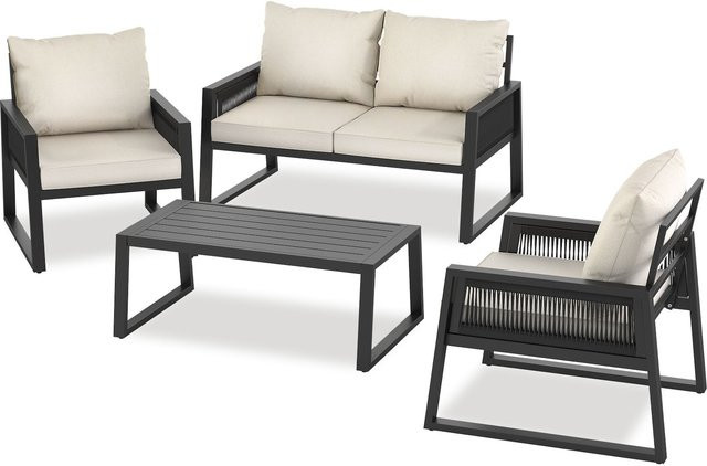 tectake Garten-Lounge Set Captive aus Aluminium im Rope-Design mit Polstern und Kissen in Anthrazit, B/T/H: 126 x 76,5 x 85 cm - Bild 1