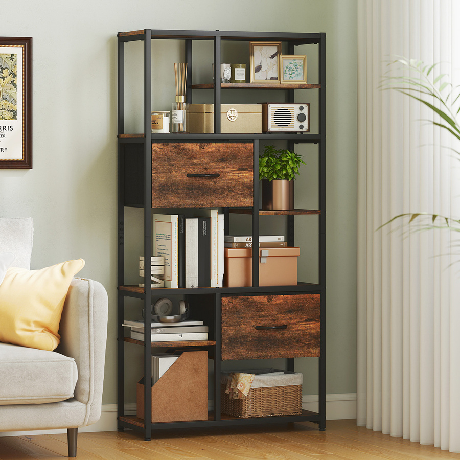 HOMCOM Bücherregal im Industriedesign mit Stahlrahmen und 2 Stoffschubladen, Rustikal-Braun, B/T/H: 72,5 x 30 x 150 cm - Bild 2
