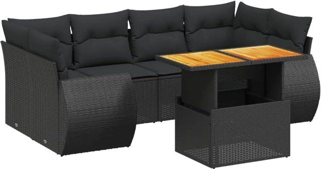 vidaXL 7-teilige Garten-Sofagarnitur in L-Form aus schwarzem Poly-Rattan mit Kissen und Akazienholz - Bild 1