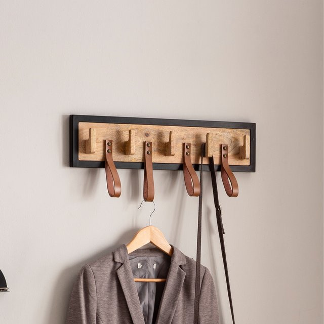 Wandgarderobe FineBuy Hakenleiste aus Holz und Echtleder in Schwarz oder Braun, Breite: 60 cm - Bild 1