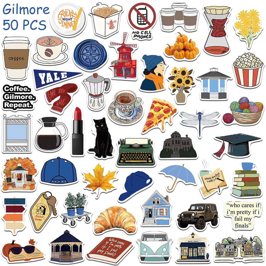 50 Stück Gilmore Aufkleber Set, wasserfeste Cartoon TV Show Sticker in Multicolour für Laptop, Skateboard und Scrapbook - Bild 4