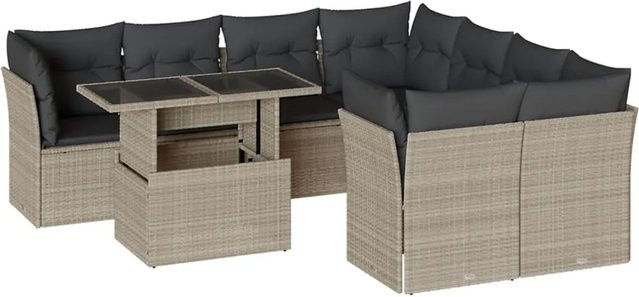 vidaXL 9-tlg. Garten-Sofagarnitur aus Polyrattan in Hellgrau mit Kissen und Tisch - Bild 1