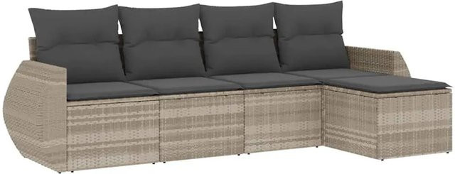 vidaXL 5-tlg. Garten-Sofagarnitur aus Poly-Rattan in Hellgrau mit Kissen und Fußhocker - Bild 1